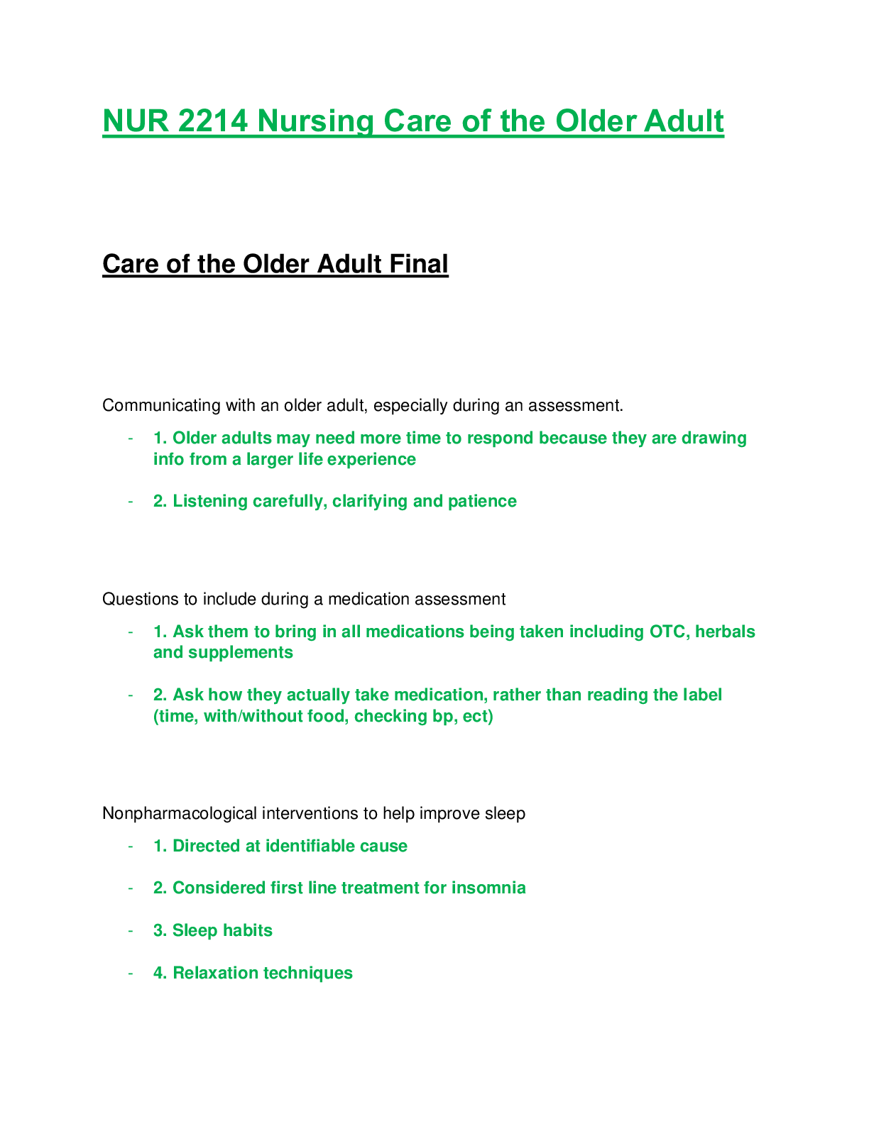 Preview of NUR 2214 / NUR2214: Nursing Care of the Older Adult Final Exam (Latest) Rasmussen